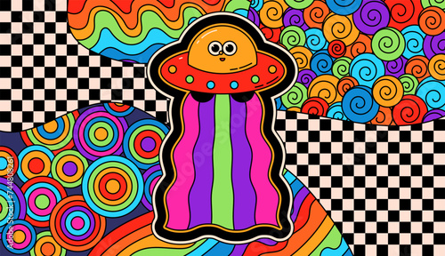 Surreal groovy UFO on bright psychedelic background.