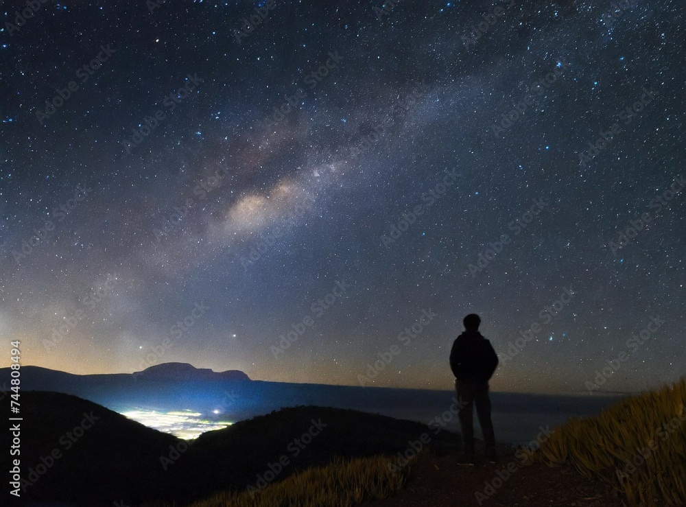 Silhouette of a person looking to the stars on the top of a mountain. Travel wallpaper.