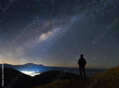 Silhouette of a person looking to the stars on the top of a mountain. Travel wallpaper.