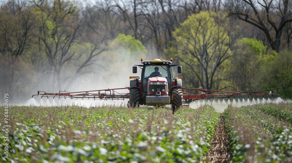 Fototapeta premium Tractor spraying pesticides in soybean field during springtime.