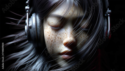 Portrait of a girl with headphones, passionate about her music. Her eyes closed in pleasure from listening to the music.
