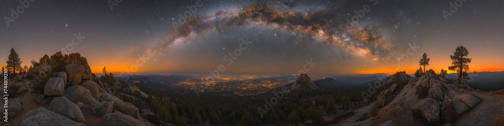 Naklejka premium Sweeping panoramic view of a majestic mountain skyline under a twilight sky with a magnificent Milky Way arc