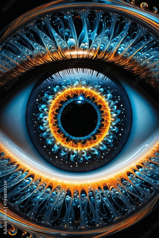 A detailed close-up showing a blue-toned human eye, highlighting the intricate iris pattern.