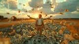 A man in a pile of money with arms outstretched, happy in natural landscape