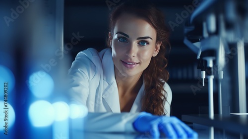 Happy lady laboratory worker holds tube with blue liquid ready to examine under microscope. Positive woman in lab coat looks in camera smiling
