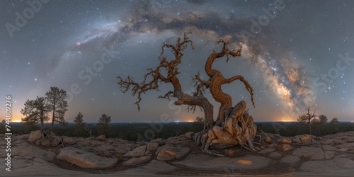 Ancient gnarled tree under a starry sky arc, representing the enduring beauty of nature against the backdrop of an eternal cosmos