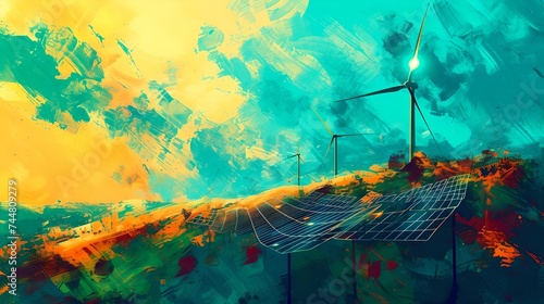 Vibrant abstract art depicting renewable energy with wind turbine and solar panels in idyllic landscape. sustainable future concept. AI