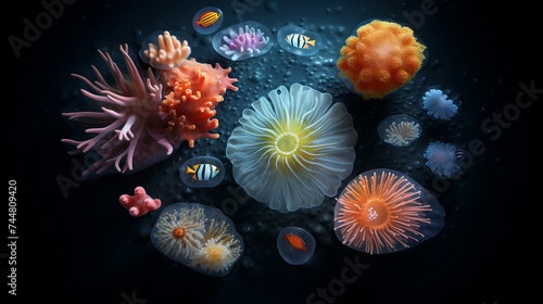 Images for 3d floors. Underwater world. Corals. Fish. Depth . Top view