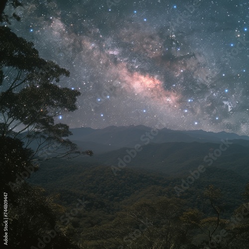 A mesmerizing Milky Way core seen through the canopy of a lush forest  showcasing the awe of nature and cosmos