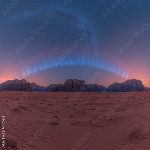 Rare atmospheric phenomenon of a glowing arc over a desert landscape at twilight, creating a breathtaking panorama