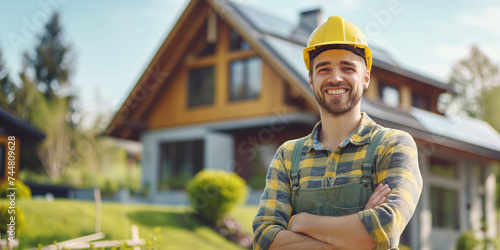 Construction Worker with Yellow Helmet Standing Confidently In Front Of a House with solar panels photo