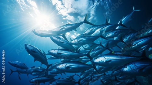 Inside a giant travelly tuna school of fish close up in the deep blue sea photo