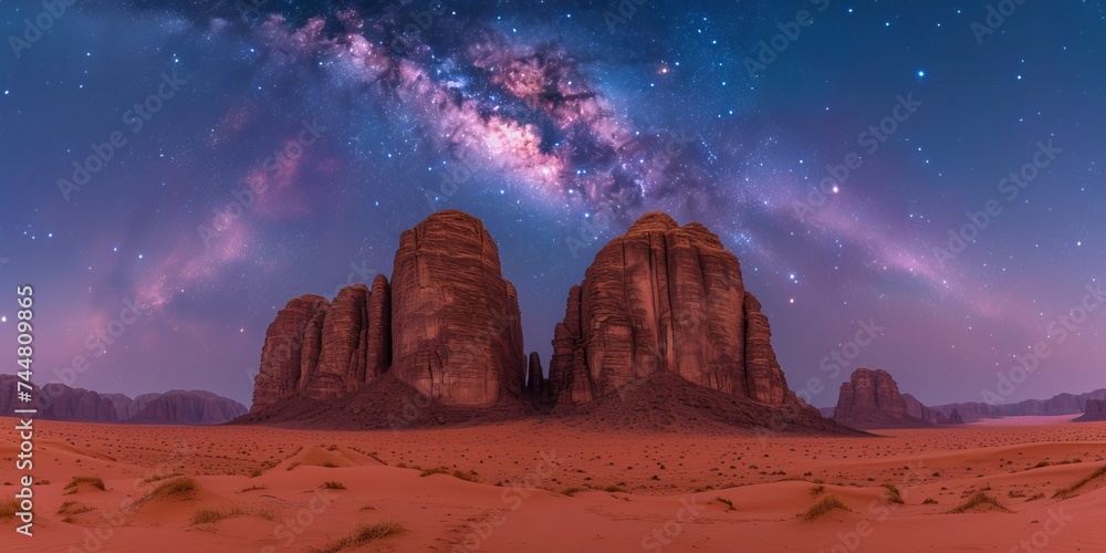     Star-studded sky over desert rock formations, a natural wonder showcasing the Milky Way's dazzling display in a tranquil desert night