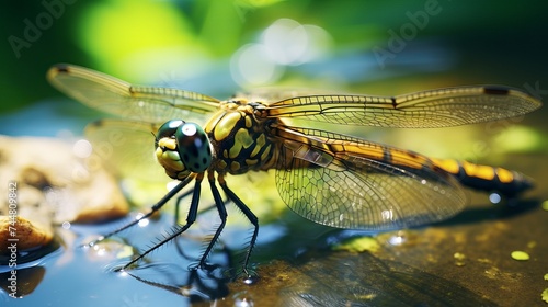 Macro shots, close up nature scene dragonfly. Showing of eyes detail. green dragonfly in the nature habitat using as a background or wallpaper © Elchin Abilov