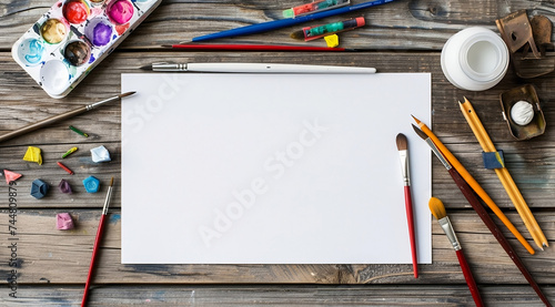 Blank art page with brushes and pencils