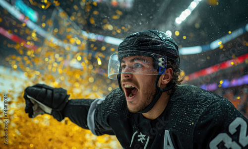 Ice hockey players celebrating their win in a championship - arena with a big crowd and exploding gold confetti