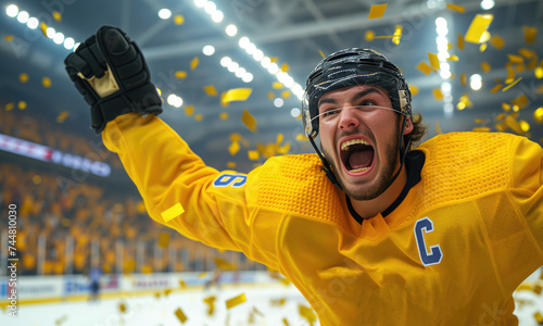 Ice hockey players celebrating their win in a championship - arena with a big crowd and exploding gold confetti