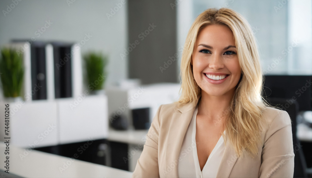Friendly blonde office receptionist smiling and welcoming, with modern office backdrop Friendly blonde office receptionist smiling and welcoming, with modern office backdrop