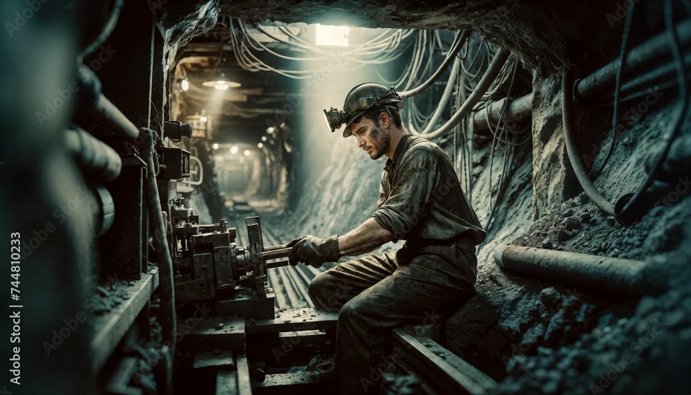 Miner getting ready for a day of labor in an underground mining operation - obrazy, fototapety, plakaty 