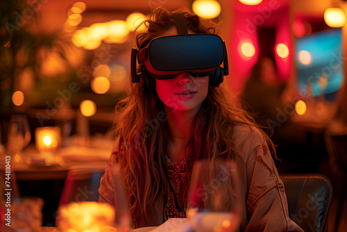 A woman using a VR headset interacts with the virtual world  located against the backdrop of a cafe or restaurant.