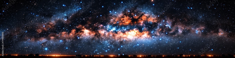 Panoramic Milky Way Galaxy Over Desert Landscape, A Spectacular Display of Celestial Wonders in the Night Sky