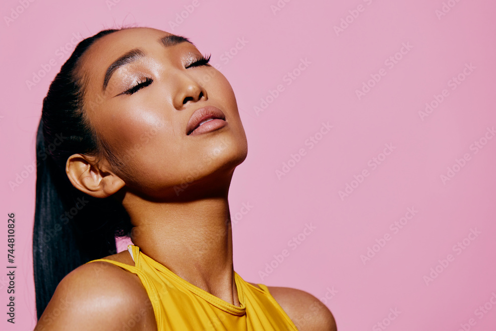 Smile woman beauty pink portrait trendy yellow fashion Smile woman beauty pink portrait trendy yellow fashion