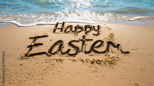 Message of Happy Easter written in the sand at the beach. © Got Pink?