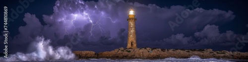 Majestic Lighthouse Under a Stormy Sky Illuminated by Lightning, A Beacon of Hope Against the Fury of Nature