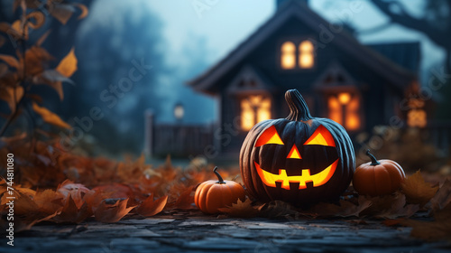 Halloween scarry pumpkin in front of a haunted house photo