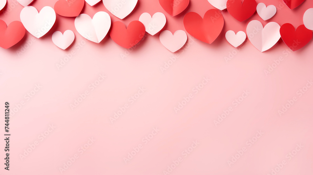 A banner with copy space, arrangement of red and white paper hearts delicately positioned along the upper edge on pastel pink background, creating an atmosphere of love, affection, and sentimentality