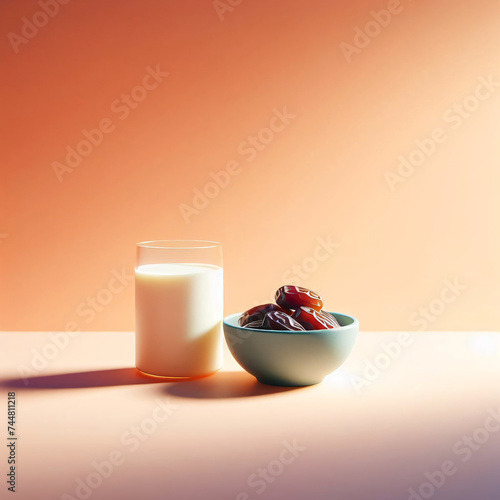 Minimalistic setup, 3D-rendered milk and dates, denoting Ramadan's iftar, subdued lighting, lively colors, understated sophistication, generative AI.