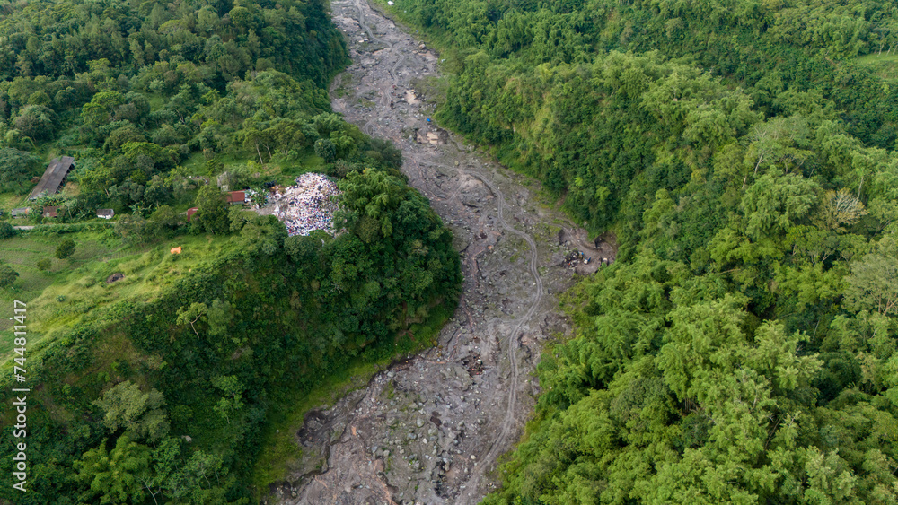aerial view of sand and stone mining on the slopes of Mount Merapi in Sleman Regency, Yogyakarta aerial view of sand and stone mining on the slopes of Mount Merapi in Sleman Regency, Yogyakarta