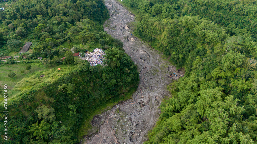 aerial view of sand and stone mining on the slopes of Mount Merapi in Sleman Regency, Yogyakarta aerial view of sand and stone mining on the slopes of Mount Merapi in Sleman Regency, Yogyakarta