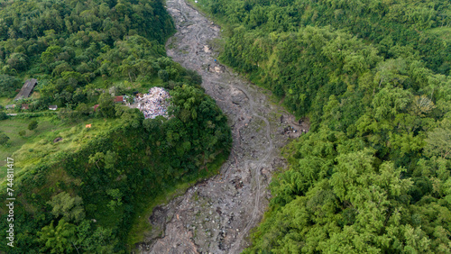 aerial view of sand and stone mining on the slopes of Mount Merapi in Sleman Regency, Yogyakarta