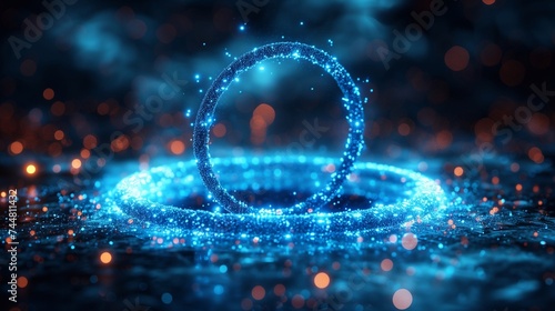 Abstract background with blur effect, blue neon glowing particles in the form of rings