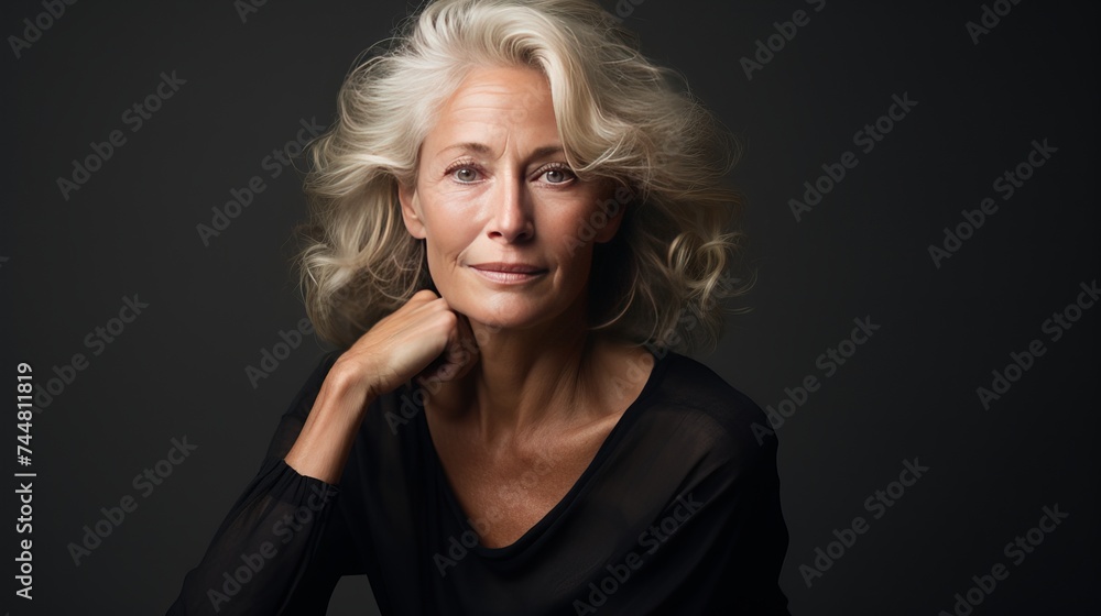 Senior blonde woman looking at the camera while holding her hair Senior blonde woman looking at the camera while holding her hair