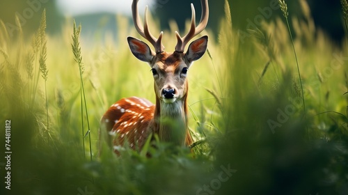 Roe deer male on the magical green grassland  european wildlife  wild animal in the nature habitat