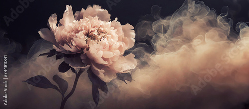 Panel kuchenny z motywem Piękny kwiat piwonii, ciemne tło, wzór kwiatowy, puste miejsce 