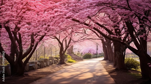 Scenic Springtime View of a Winding Garden Path Lined by Beautiful Cherry Trees in Blossom