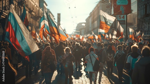 Bustling city street scene with diverse crowd and vibrant flags. urban life captured in daylight. perfect for editorial use. AI © Irina Ukrainets