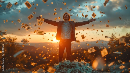 A happy man standing on a pile of money, arms outstretched under sunlight photo