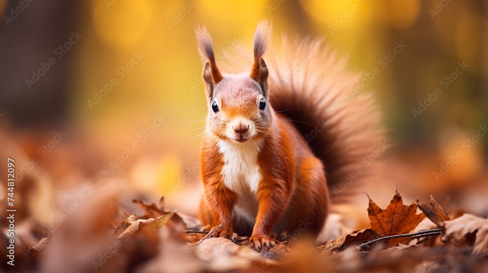 Squirrel red fur funny pets autumn forest on background wild nature animal thematic Squirrel red fur funny pets autumn forest on background wild nature animal thematic