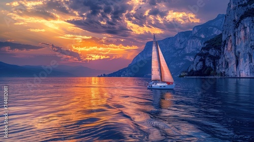 Sailboat glides gracefully near coastal cliffs, painting a picture of serene beauty and maritime allure.