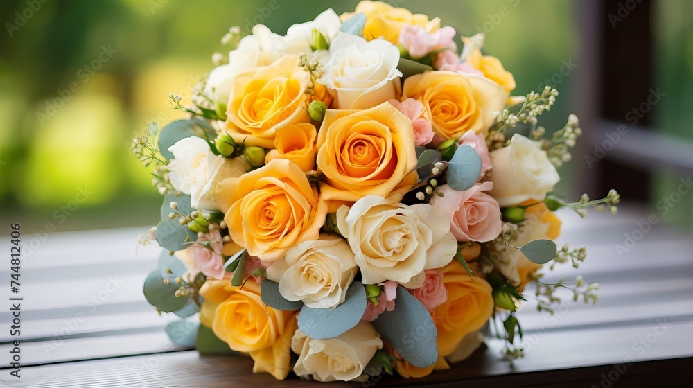 Obraz premium Wedding bouquet of yellow and white roses and blue fresia lying on wooden floor