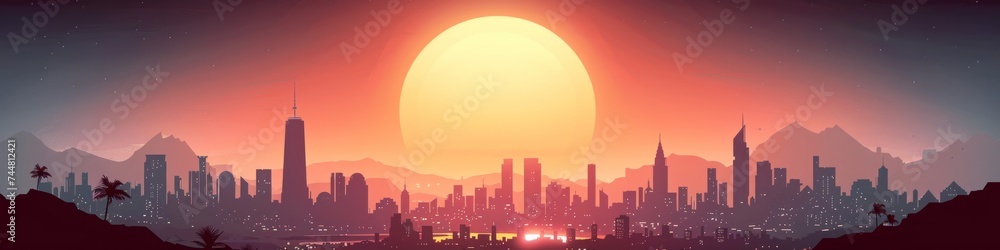 Panoramic Sunset Over Metropolitan Skyline with Large Sun Hovering Over City, Wide Cityscape with Warm Evening Glow