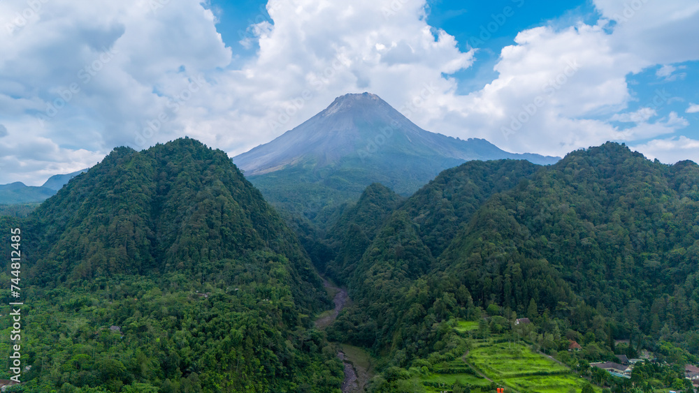 aerial view of Mount Merapi is the most active volcano in Indonesia located in the central part of Java Island in Sleman Regency, Yogyakarta
