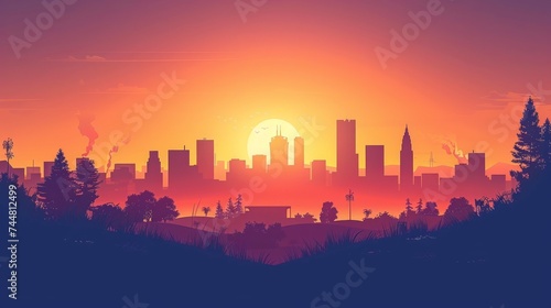 Sunset Hues Blanketing Urban Silhouette, Artistic Cityscape with Rising Sun Over Horizon, Warm Sky Gradients and Trees