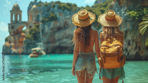 Two women in shorts and hats with backpacks enjoying leisure on a beach © Vitalii