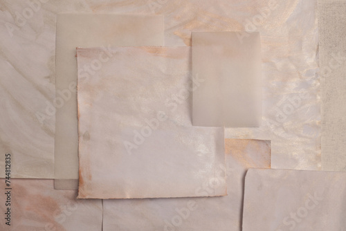 Beige and nacre gold, silver frame painting paper empty card blank on wood wall. Abstract texture copy space neutral grunge background.
