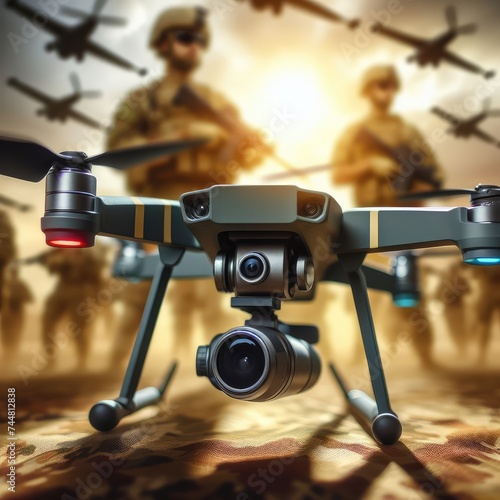 photo of cheap fpv war drone on blurred military background